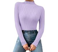 Maglione da donna a maniche lunghe attillato, maglione invernale a maniche lunghe, elegante, in tinta unita, con colletto alto, caldo, lavorato a maglia, Lilla, Taglia unica