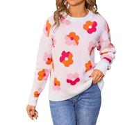 Maglione da donna a maniche lunghe con motivo floreale lavorato a maglia a contrasto con rilegatura a contrasto, maglione invernale alla moda da donna, bianco, M