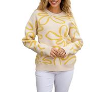 Maglione da donna a maniche lunghe con motivo floreale lavorato a maglia a contrasto con rilegatura a contrasto maglione a maniche lunghe per donna maglione autunno base alla moda inverno, giallo