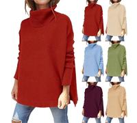 Maglione da donna a maniche lunghe, in cotone, da donna, lungo, oversize, con spacco laterale, a maglia grossa, colletto rovesciato, maglione termico, morbido, RD1, L