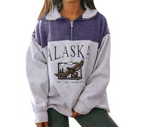 Maglione da donna a maniche lunghe, in cotone, senza cappuccio, con lettere, in pile, vintage, a maniche lunghe, oversize, Lilla, L