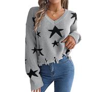 Maglione da donna a stella, maglione lavorato a maglia Y-k2 con scollo a V a cinque punte maglione a stella per le donne, Grigio, M