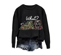 Maglione da donna carino con albero di Natale, divertente gatto dice che cosa felpe grafiche per le donne novità di Natale girocollo pullover top vacanza comodo maglione vestibilità rilassata, Nero
