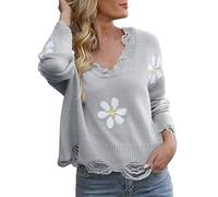 Maglione da donna comodo, maglia termica da donna, a maniche lunghe, con scollo a V e piccolo fiore, per feste e Natale, idea regalo, Grigio, S
