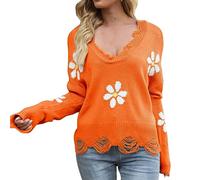 Maglione da donna comodo, maglia termica da donna, a maniche lunghe, con scollo a V e piccolo fiore, per feste e Natale, idea regalo, Arancione, M