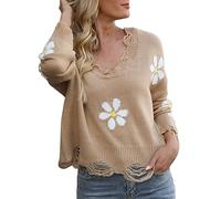 Maglione da donna comodo, maglia termica da donna, a maniche lunghe, con scollo a V e piccolo fiore, per feste e Natale, idea regalo, cachi, S