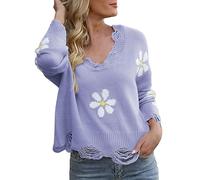 Maglione da donna comodo, maglia termica da donna, a maniche lunghe, con scollo a V e piccolo fiore, per feste e Natale, idea regalo, Viola, XL