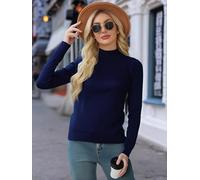 Maglione da donna con collo a lupetto Slim Fit Pullover a maniche lunghe a costine Top in maglia leggera Basic Autunno Inverno Casual Camicia a strati, Blu scuro, L