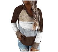 Maglione da donna con scollo a V, con cappuccio, a righe, per l'autunno, a maniche lunghe, con cappuccio, per il tempo libero, Vino, XL