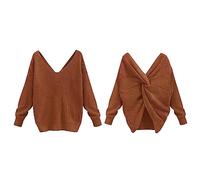 Maglione da donna con scollo a V, elegante, lungo, elegante, a maglia fine, a maniche lunghe, sexy, morbido, a maglia, tinta unita, casual, da donna, caffè, s