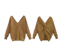 Maglione da donna con scollo a V, elegante, lungo, elegante, a maglia fine, a maniche lunghe, sexy, morbido, a maglia, tinta unita, casual, da donna, gold, s