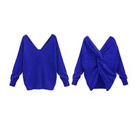 Maglione da donna con scollo a V, elegante, lungo, elegante, a maglia fine, a maniche lunghe, sexy, morbido, a maglia, tinta unita, casual, da donna, Blu, L