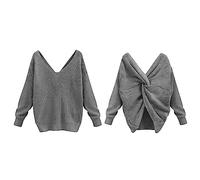 Maglione da donna con scollo a V, elegante, lungo, elegante, a maglia fine, a maniche lunghe, sexy, morbido, a maglia, tinta unita, casual, da donna, grigio., m
