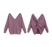 Maglione da donna con scollo a V, elegante, lungo, elegante, a maglia fine, a maniche lunghe, sexy, morbido, a maglia, tinta unita, casual, da donna, Lilla, s