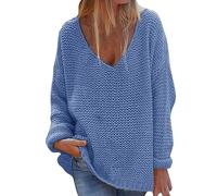 Maglione da donna con scollo a V, felpa da donna senza cappuccio, in cotone, a maniche lunghe, da donna, in cotone, a maniche lunghe, Blu marino, XL