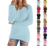 Maglione da donna con scollo a V, in cotone, da donna, invernale, elegante, in pile, oversize, a maniche lunghe, con orsacchiotto, leggero, senza cappuccio, Colore: rosso, XL
