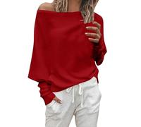 Maglione da donna con scollo Carmen - Maglietta casual a maniche pipipistrello con arricciatura | Top asimmetrico per un look elegante, Stil_g02 rosso, M
