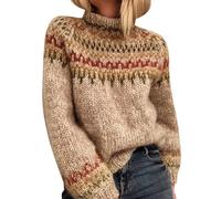 Maglione da donna con scollo rotondo, a maniche lunghe, casual, con collo alto, in jacquard, modello Y2K, vintage, geometrico, plaid, casual, maglione, beige., S