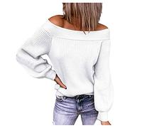 Maglione da donna con spalle scoperte, maglione sexy, a pipistrello, per l'autunno, a maglia, per l'inverno, bianco, XXXL
