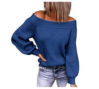 Maglione da donna con spalle scoperte, maglione sexy, a pipistrello, per l'autunno, a maglia, per l'inverno, Blu, L