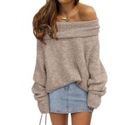 BTFONIA Maglione da Donna con Spalle Scoperte Maniche a Pipistrello Pullover Larghi e Oversize(Apricot,XL)