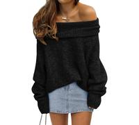 Maglione da Donna con Spalle Scoperte Maniche a Pipistrello Pullover Larghi e Oversize(Black,S)