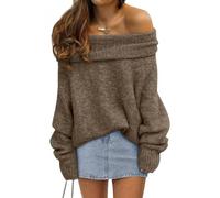 BTFONIA Maglione da Donna con Spalle Scoperte Maniche a Pipistrello Pullover Larghi e Oversize(Coffee,M)