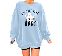 Maglione da donna con stampa di gatto di Halloween, grazioso pullover con design stagionale, caldo girocollo foderato in pile, per feste e lounge, con risvolto a mezza cerniera, casual, Azzurro, XXL