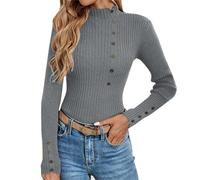 Maglione da donna elegante e aderente, a maglia da donna, a maniche lunghe, con bottoni, più spesso, caldo, per l'autunno, l'inverno, a maglia, grigio., XL