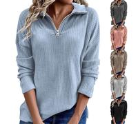 Maglione da donna elegante in cotone, maglione invernale da donna, oversize, maglione termico a maglia grossa, con chiusura lampo, maglione invernale, colletto rovesciato, felpa con righe, Colore