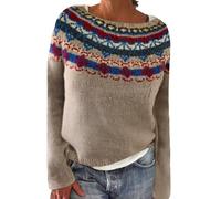 Maglione da donna Fairisle casual a maniche lunghe girocollo retrò jacquard maglione morbido caldo maglione di lana plus size maglione invernale da donna elegante maglieria nordico vintage elegante
