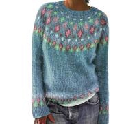 Maglione da donna Fairisle per autunno e inverno, lavorato a maglia, con stampa dell'isola, maglione jacquard, vestibilità ampia, a girocollo, a maniche lunghe, vintage, taglie forti, maglioni