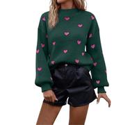 Maglione da donna girocollo alla moda autunno/inverno con stampa a cuore a maniche lunghe, top casual, Verde scuro, L