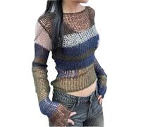 Maglione da donna gotico scava fuori lavorato a maglia vedere attraverso le cime estetiche a contrasto Stripe Pullover Streetwear mantelle maglione, Marrone e blu., XL