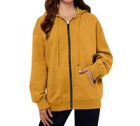 Maglione da donna in cotone, con chiusura lampo, a maniche lunghe, con cappuccio, tinta unita, con coulisse, per il tempo libero, con cappuccio, giallo., L