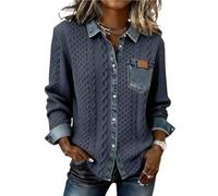 Maglione da donna in denim colletto abbottonato patchwork denim camicia vintage waffle maglia jeans maglione abbigliamento casual camicette top, Blu, L