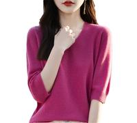 Maglione da donna in lana merino, a maniche corte, con scollo a V, vestibilità aderente, Mei Hong Smy273, L