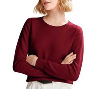 Maglione da donna in maglia elegante con scollo rotondo, a maniche lunghe, pullover di colore puro, felpa confortevole, felpa chic per interni ed esterni, felpa leggera, Vino, XXL