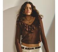 Maglione da donna in maglia pointelle con scollo a V, maniche lunghe, orlo con volant, pullover aderente casual per festival, vacanze, autunno, inverno, Coppa del Mondo 2026 L,M,S,XL,XSColore unicoMag
