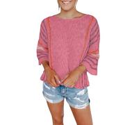 Maglione da donna in maglia termica da donna, maglione girocollo con maniche svasate a righe verticali maglione abbinato colore maglione per feste costume natalizio regali, rosa, L