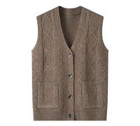 Maglione da donna in maglia tinta unita con scollo a V button down cardigan senza maniche leggero aperto davanti a trecce gilet da uomo grande e alto maglione gilet, Caff, 4XL