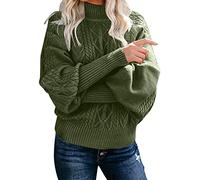 Maglione da donna invernale, elegante, a collo alto, a maglia grossa, a maniche lunghe, larga, da donna, a maglia grossa, casual, elegante, verde, XL