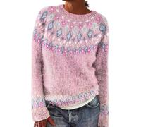 Maglione da donna lavorato a maglia grossa, Fairisle, maglione invernale caldo da donna, morbido e confortevole, maglione islandese da donna, a maniche lunghe, maglione nordico da donna, rosa, S