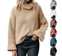 Maglione da donna, maglia a nido d'ape, comodo e caldo, a maniche lunghe, classico, tinta unita, taglie forti, autunnale, morbido, vestibilità comoda, casual, a collo alto, maglieria, Beige, L