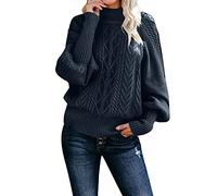 Maglione da donna oversize, maglione di lana da donna, oversize, a collo alto, in cashmere, casual, a maniche lunghe, in tinta unita, con collo alto, vintage, girocollo, maglione invernale, Blu scuro,