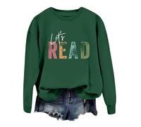 Maglione da jogging da donna con libro di lettura "Let's Read", maglietta grafica a maniche lunghe, girocollo, maglione da insegnante/biblioteca con motivo worm di libri, verde militare, M