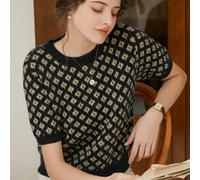 Maglione da pendolare stile francese da donna con motivo floreale lavorato a maglia, t-shirt a maniche corte con blocchi di colore per primavera e autunno, abiti da donna modesti e vintage per il rito