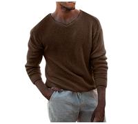 Maglione da uomo a V con scollo a V, in puro colore, rilassato, caldo, morbido, leggero, confortevole, termico, a maglia grossa, caffè, L
