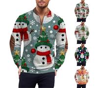 Maglione da uomo con cerniera a 1/4 Uk da uomo con pupazzo di neve carino Xams pullover a mezza zip pullover senza cappuccio Henley felpa girocollo stampata top con toppe ai gomiti felpa retrò