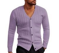 Maglione da uomo con scollo a V, senza colletto, a maniche lunghe, leggero, per le mezze stagioni, tinta unita, a maniche lunghe, comodo e morbido, Lilla, M
